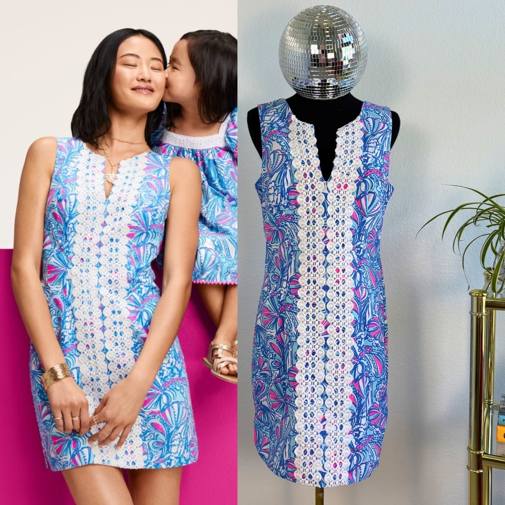 Lilly Pulitzer for Target‎ My Fans Shift Dress, Size 12 | Blue Pink Shells Lace